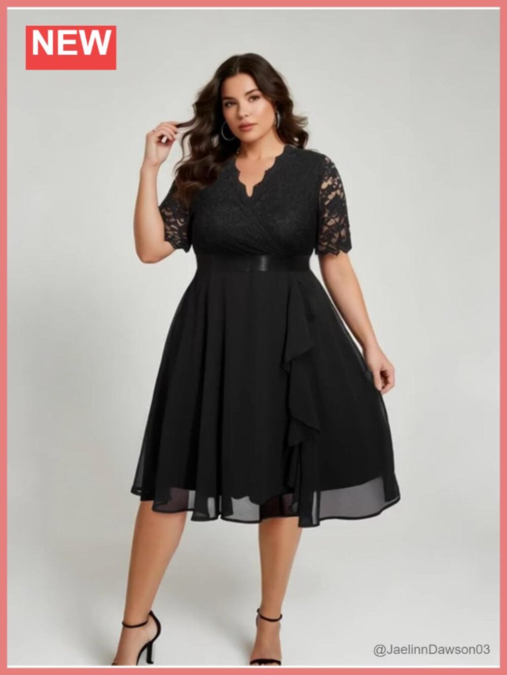 Talisea Plus Size Lace Chiffon Ruffle Tea Length Dress - Picture 6 of 6